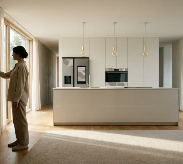 Vue intérieure d'une maison moderne avec équipements économes en énergie visibles