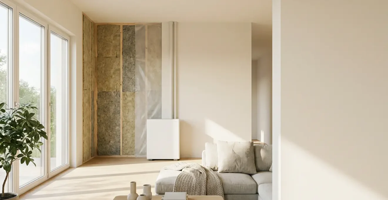 Intérieur moderne d'une maison rénovée énergétiquement avec isolation visible et pompe à chaleur