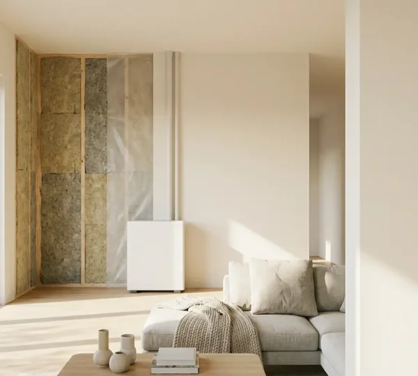 Intérieur moderne d'une maison rénovée énergétiquement avec isolation visible et pompe à chaleur