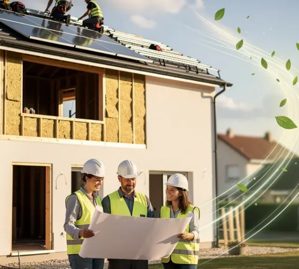 Maison en rénovation avec panneaux solaires et isolation, entourée de symboles d'économies d'énergie