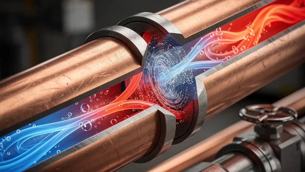 Système de tuyauterie complexe avec flux colorés montrant différentes vitesses d'écoulement