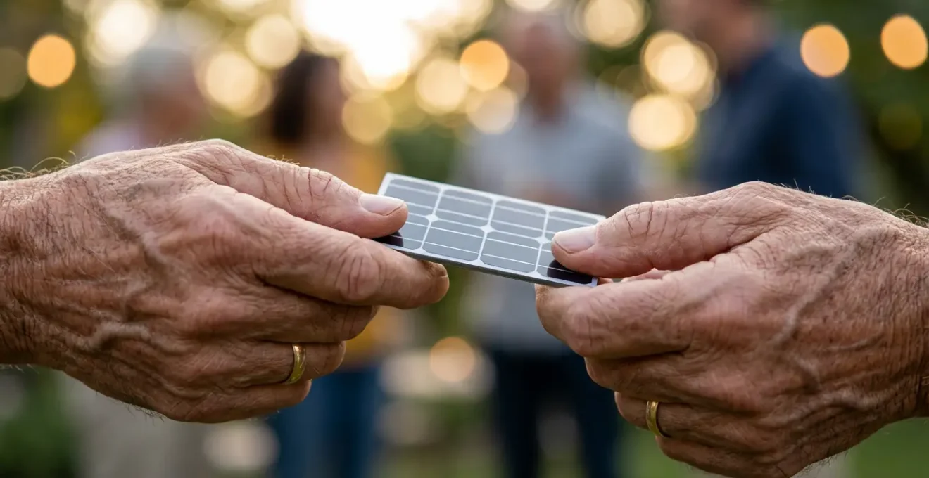 Réunion conviviale de voisinage dans un jardin français pour discuter d'un projet d'énergie renouvelable