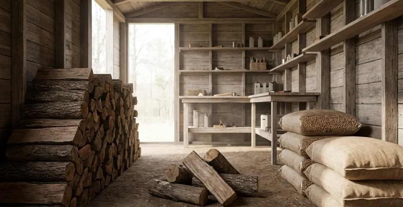 Abri de jardin organisé avec sacs de pellets empilés et rangement de bois de chauffage
