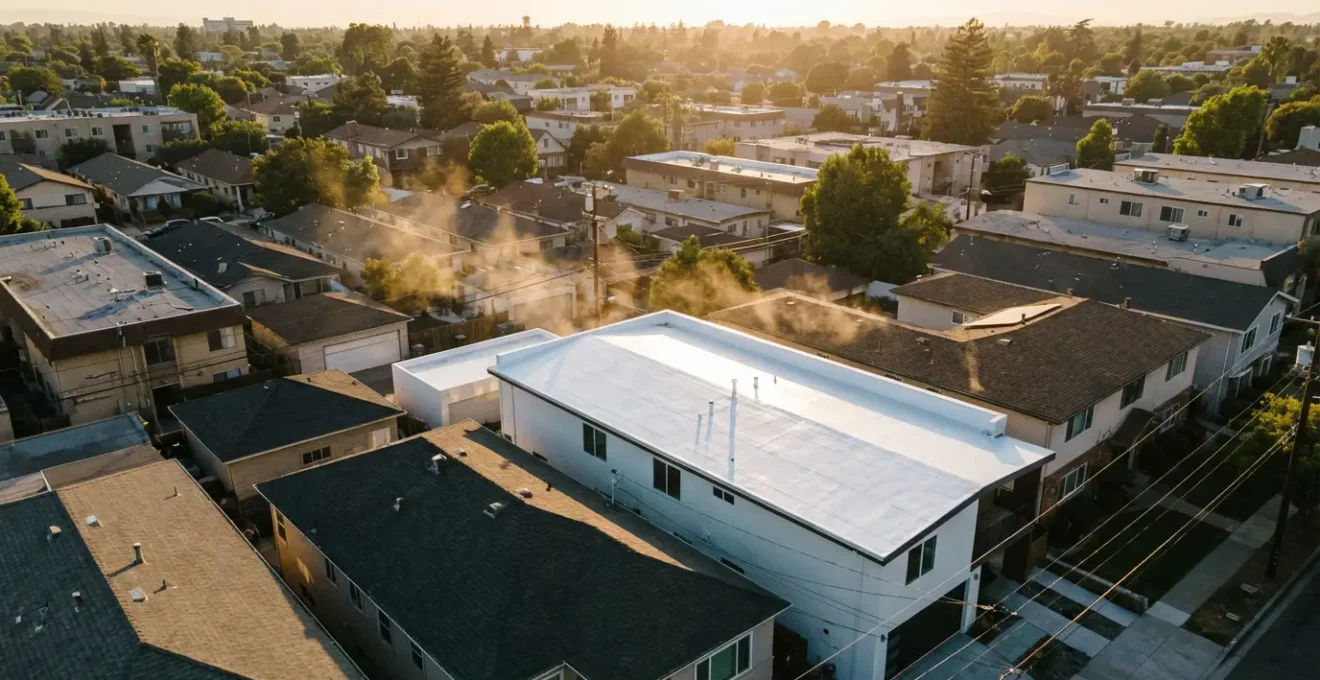 Vue aérienne d'une maison avec toit peint en blanc réfléchissant les rayons du soleil