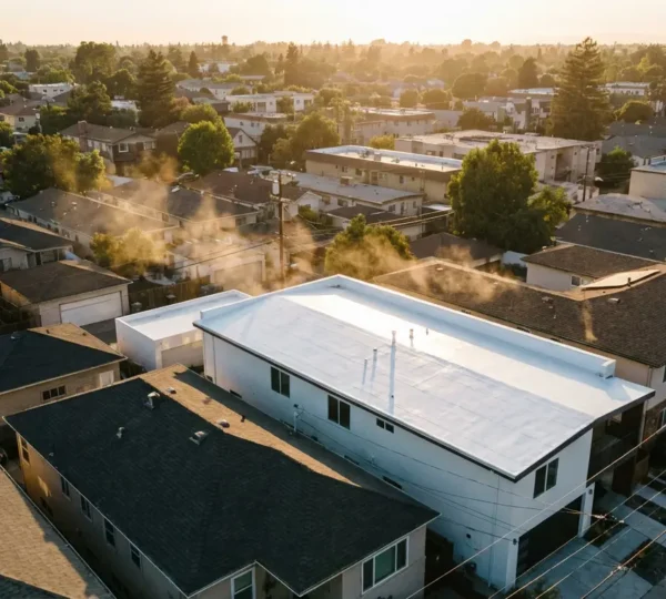 Vue aérienne d'une maison avec toit peint en blanc réfléchissant les rayons du soleil
