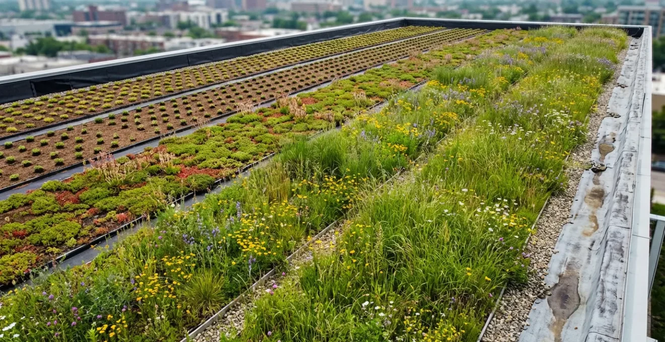 Vue aérienne d'une toiture végétalisée luxuriante avec différentes zones de végétation montrant l'évolution sur 20 ans