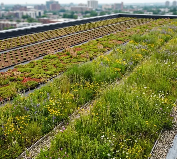 Vue aérienne d'une toiture végétalisée luxuriante avec différentes zones de végétation montrant l'évolution sur 20 ans