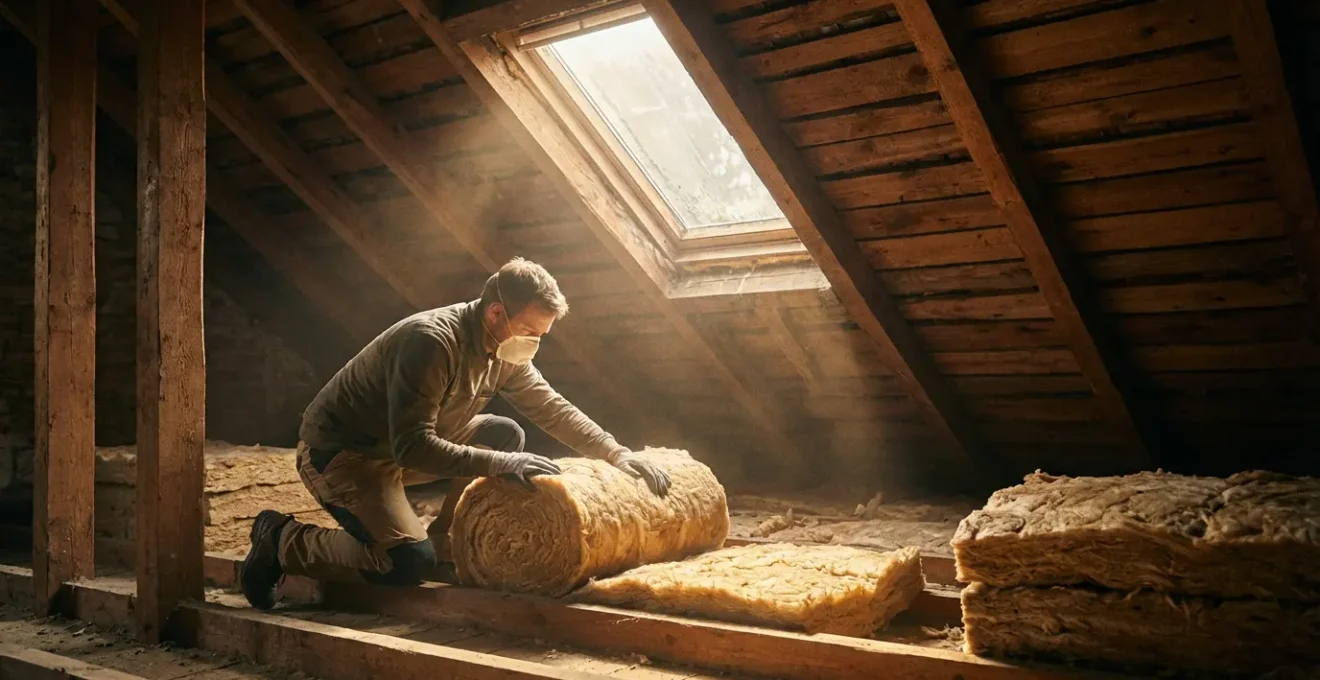 Ouvrier installant de l'isolation dans les combles d'une maison pour améliorer le DPE