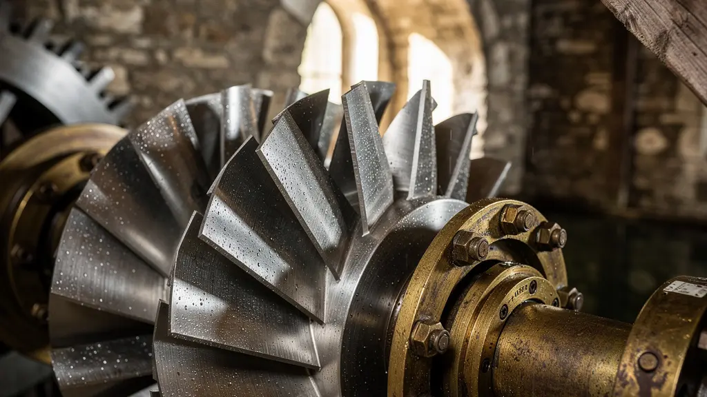 Turbine hydraulique Francis installée dans la chambre d'eau d'un moulin ancien